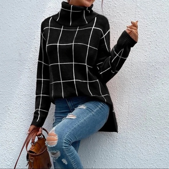 NWT, Lavishly Paris Women's Black Grid Pattern Turtleneck  Sweater. - Picture 13 of 16